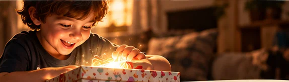 Criança abrindo um presente iluminado