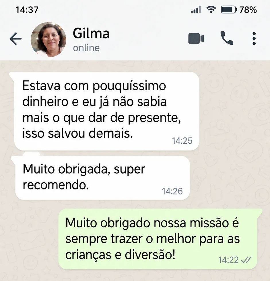 Gilma: Estava com pouquíssimo dinheiro e não sabia mais o que dar de presente. Isso salvou demais. Super recomendo.